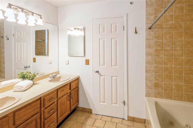 3 Benjamin Ct, Ardsley, NY 10502 - full bath featuring double vanity, tile patterned flooring, a combined bath / shower with jetted tub, and baseboards