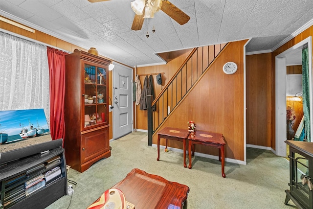 53 Dill Rd, Forestburgh, NY 12777 - living area with stairs, ceiling fan, carpet, and ornamental molding