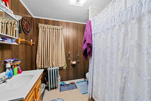 53 Dill Rd, Forestburgh, NY 12777 - full bath with toilet, vanity, a shower with curtain, wood walls, and radiator heating unit