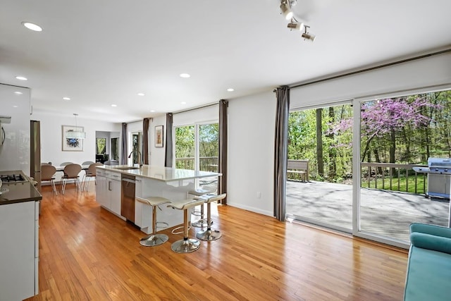 kitchen with stainless steel dishwasher, a kitchen island with sink, open floor plan, a sink, and light wood-style flooring