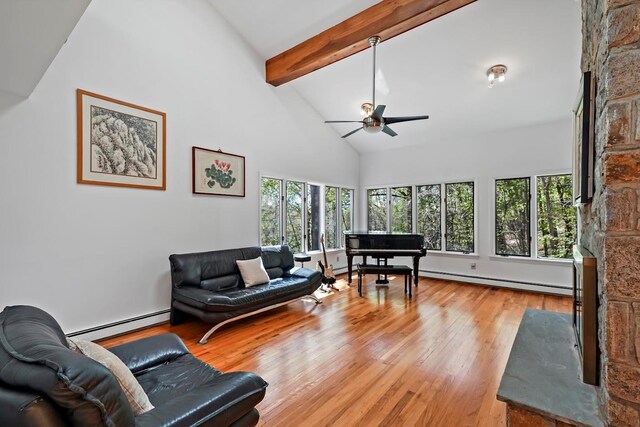 living room featuring a ceiling fan, light wood-type flooring, beam ceiling, high vaulted ceiling, and a baseboard radiator