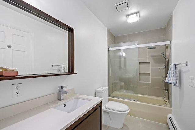 full bath featuring visible vents, vanity, toilet, a baseboard heating unit, and bath / shower combo with glass door