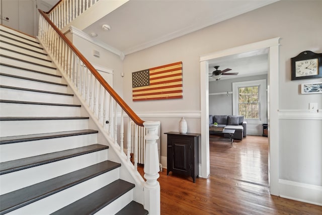 160 Mill St, Wallkill, NY 12589 - staircase featuring ornamental molding, ceiling fan, wood finished floors, and baseboards