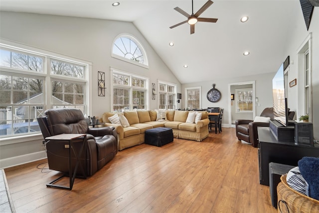 160 Mill St, Wallkill, NY 12589 - living room with a ceiling fan, high vaulted ceiling, light wood-type flooring, recessed lighting, and baseboards