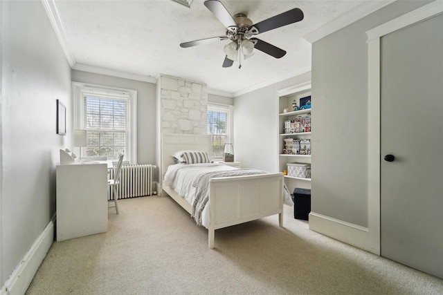 160 Mill St, Wallkill, NY 12589 - bedroom featuring radiator, light colored carpet, multiple windows, ornamental molding, and a ceiling fan