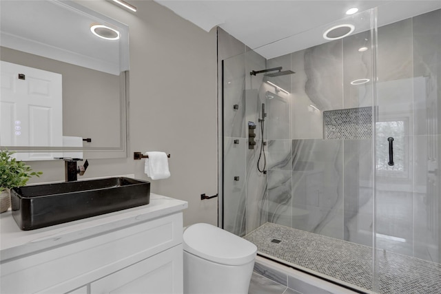 140 Daly Rd, East Northport, NY 11731 - bathroom featuring toilet, a stall shower, vanity, and recessed lighting
