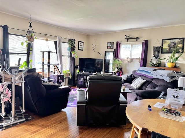 living area with ornamental molding and wood-type flooring
