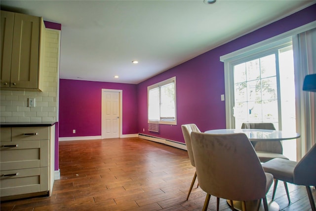 5 Millstream Ln, Stony Brook, NY 11790 - dining room with a baseboard radiator, dark wood-type flooring, baseboards, and recessed lighting