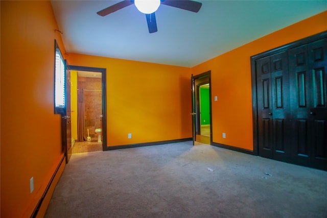 5 Millstream Ln, Stony Brook, NY 11790 - unfurnished bedroom featuring carpet, a baseboard heating unit, baseboards, and ceiling fan