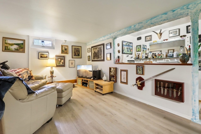 living area featuring baseboards and wood finished floors