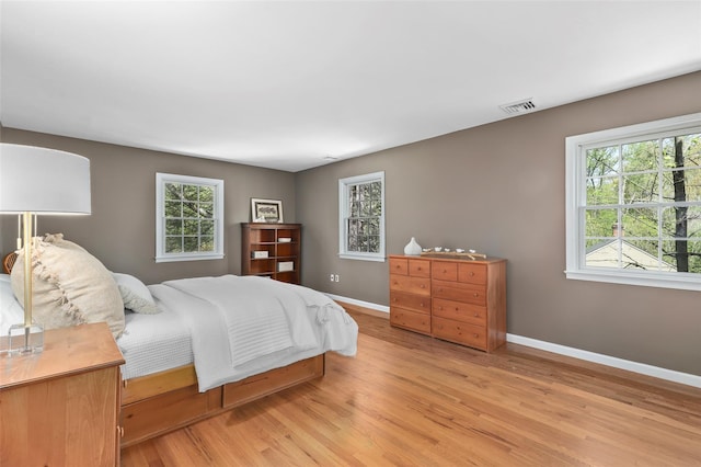 bedroom featuring visible vents, baseboards, and light wood-type flooring