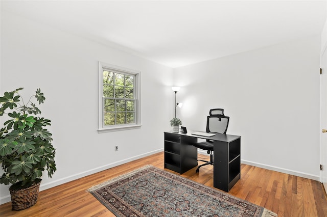 office space with baseboards and wood finished floors