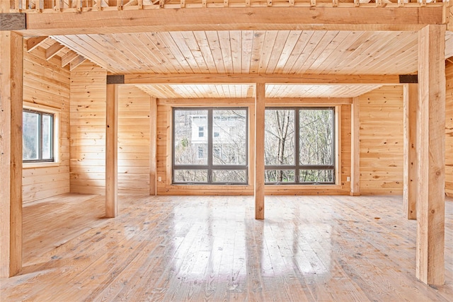 69 Bridge St, Downsville, NY 13755 - unfurnished room with wood walls, wood ceiling with exposed beams, and hardwood / wood-style floors
