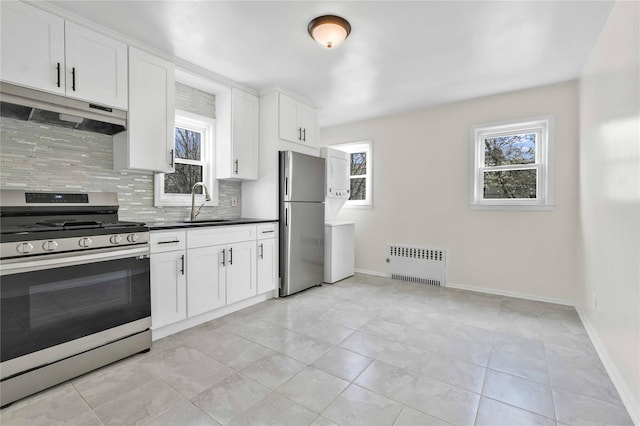 kitchen featuring radiator, tasteful backsplash, under cabinet range hood, a sink, and stainless steel appliances