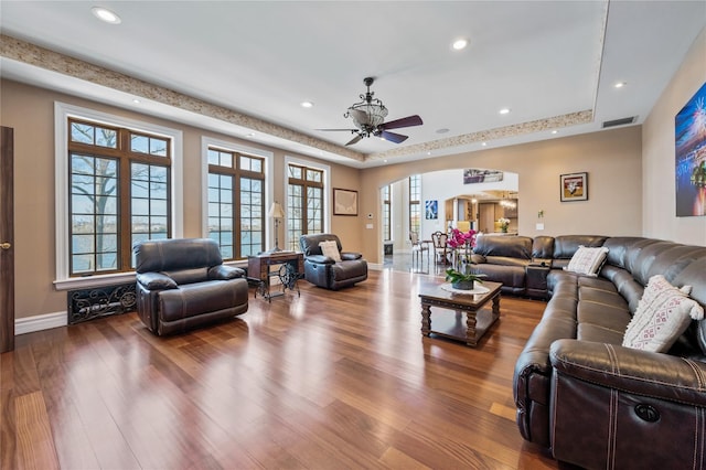 117 Malba Dr, Malba, NY 11357 - living room with arched walkways, visible vents, recessed lighting, a ceiling fan, and wood finished floors