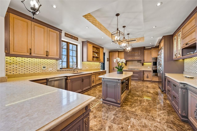117 Malba Dr, Malba, NY 11357 - kitchen with a sink, tasteful backsplash, recessed lighting, open shelves, and appliances with stainless steel finishes