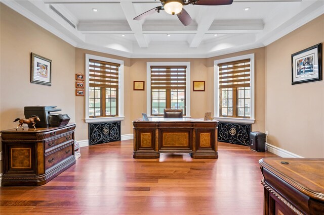 117 Malba Dr, Malba, NY 11357 - office with coffered ceiling, a ceiling fan, wood finished floors, and beamed ceiling