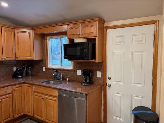 19 Yeoman Dr, East Northport, NY 11731 - kitchen featuring black microwave, decorative backsplash, a sink, dishwasher, and brown cabinetry