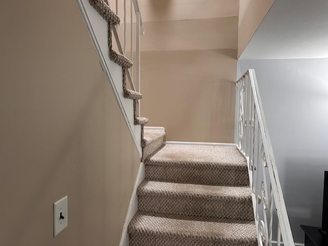 stairway featuring carpet flooring