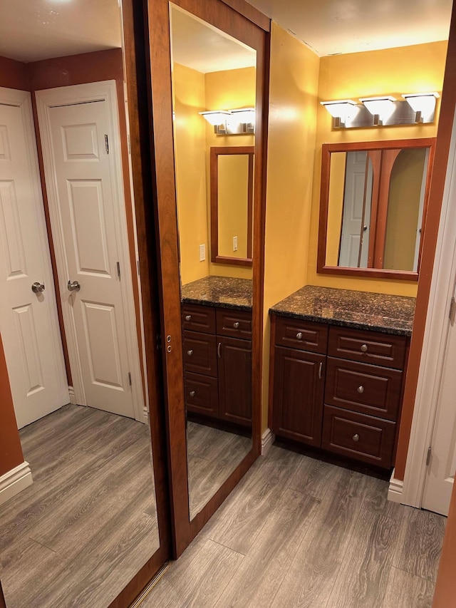bathroom with wood finished floors and vanity