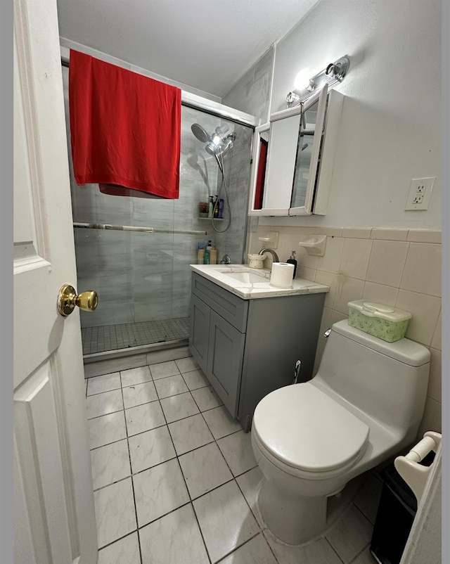 108-14 35th Ave, Corona, NY 11368 - full bath featuring tile patterned flooring, vanity, tile walls, toilet, and a shower stall
