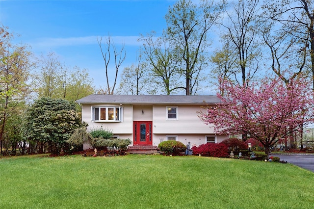 bi-level home with a front lawn