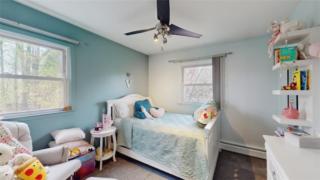 bedroom featuring ceiling fan and baseboard heating