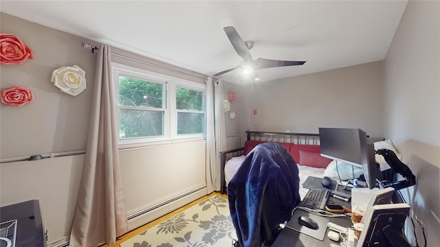 bedroom featuring ceiling fan and a baseboard radiator