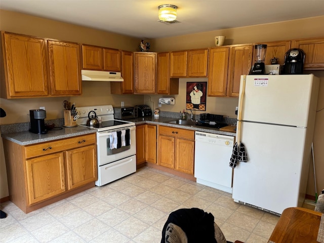 1343 William Floyd Pkwy, Shirley, NY 11967 - kitchen featuring a sink, white appliances, under cabinet range hood, brown cabinets, and light floors