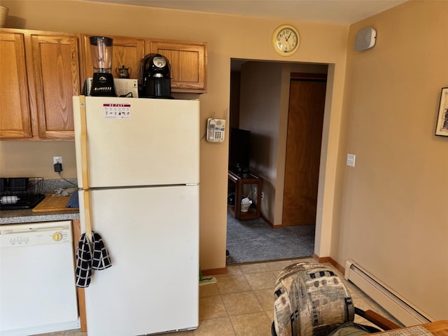 1343 William Floyd Pkwy, Shirley, NY 11967 - kitchen featuring light tile patterned floors, baseboards, white appliances, baseboard heating, and brown cabinetry