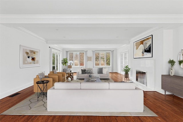 living area featuring wood finished floors, a fireplace, and a wealth of natural light