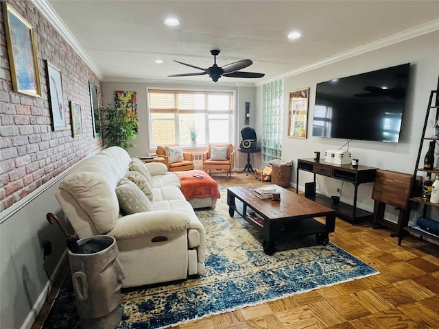 living room with crown molding, brick wall, ceiling fan, and recessed lighting