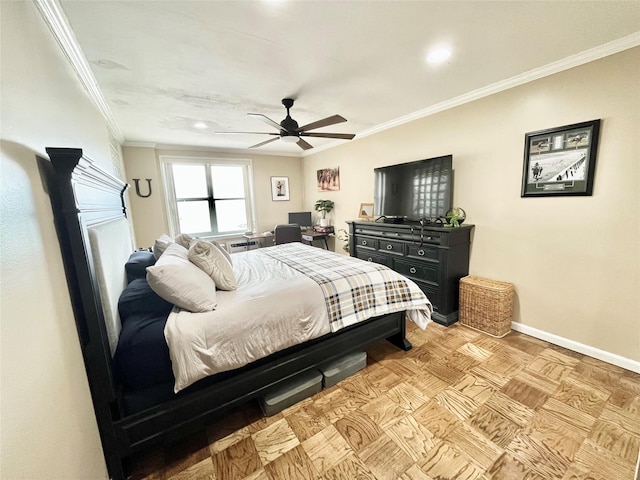 bedroom featuring ornamental molding, baseboards, and ceiling fan