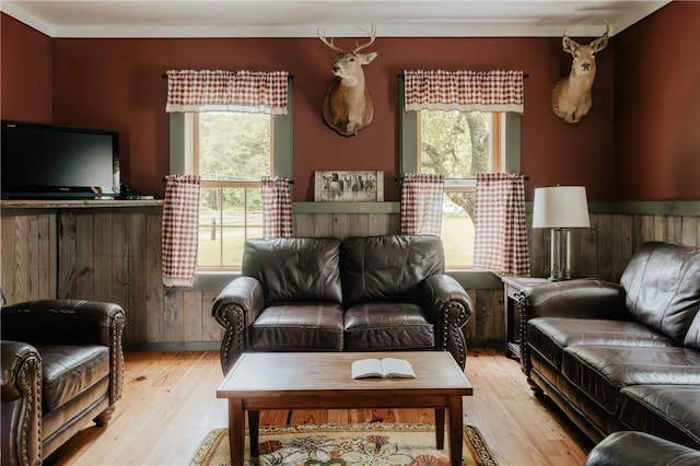 living area with light wood-style floors, a healthy amount of sunlight, and crown molding