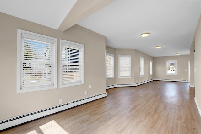 83 Fairview Ave, Islip Terrace, NY 11752 - unfurnished living room featuring baseboard heating, baseboards, and wood finished floors