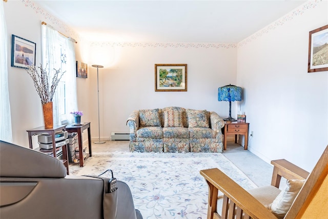 20 Bowers Dr, Hurleyville, NY 12747 - living room featuring a baseboard radiator and carpet floors