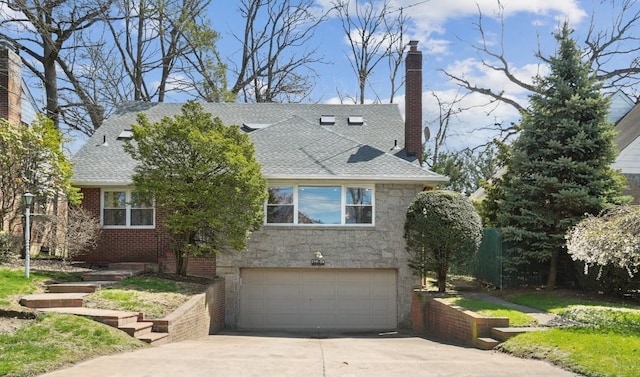 view of front facade featuring a chimney, concrete driveway, stone siding, a shingled roof, and a garage