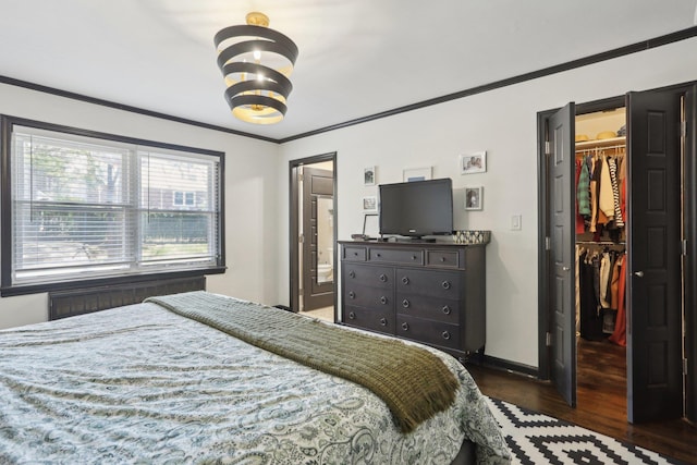 bedroom with a closet, wood finished floors, a spacious closet, and ornamental molding