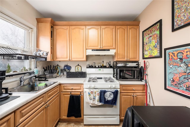 1290 Edison Ave, Bronx, NY 10461 - kitchen featuring light countertops, under cabinet range hood, a sink, and white gas stove