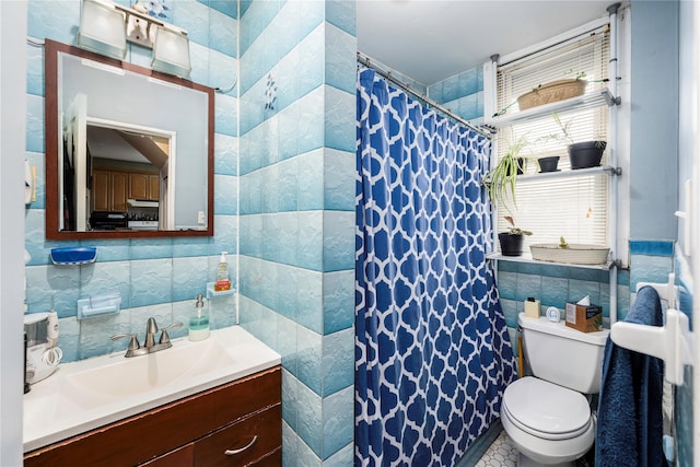 1290 Edison Ave, Bronx, NY 10461 - bathroom featuring toilet, tile walls, curtained shower, and vanity