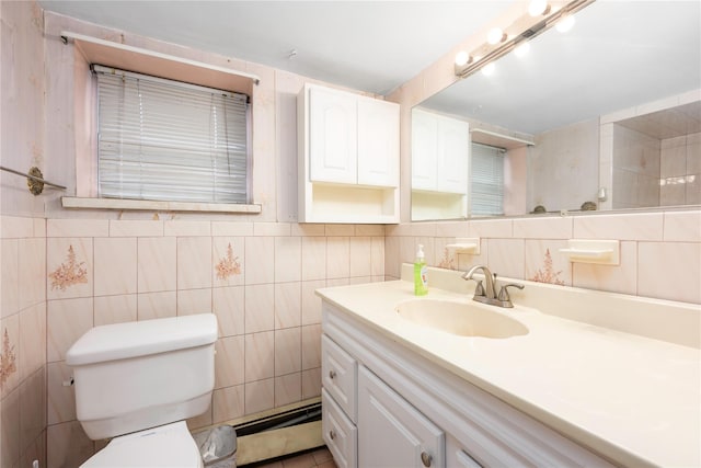 1290 Edison Ave, Bronx, NY 10461 - bathroom with toilet, a baseboard radiator, vanity, and tile walls