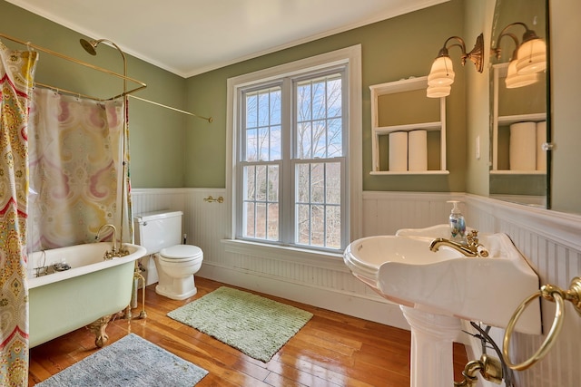 full bath featuring a bathing tub, a wainscoted wall, a healthy amount of sunlight, and toilet