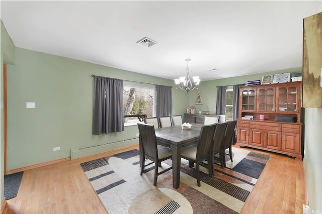 91 Meyerhoff Rd, Hurleyville, NY 12747 - dining area with a notable chandelier, light wood-type flooring, baseboards, visible vents, and a baseboard radiator