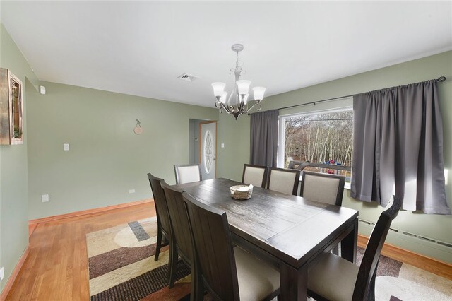 91 Meyerhoff Rd, Hurleyville, NY 12747 - dining area featuring an inviting chandelier, visible vents, wood finished floors, a baseboard heating unit, and baseboards