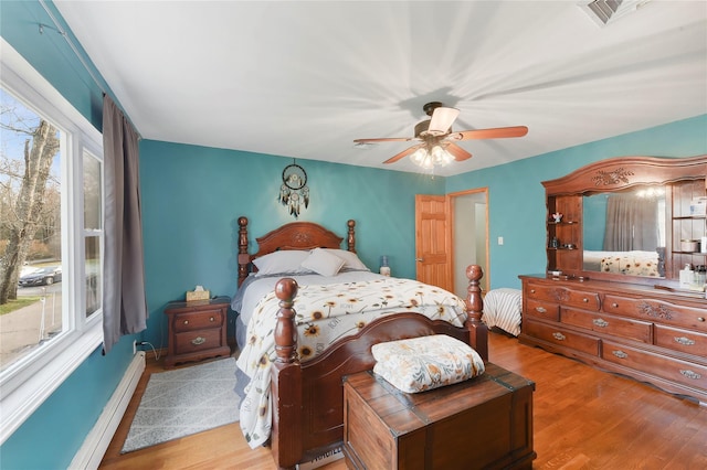 91 Meyerhoff Rd, Hurleyville, NY 12747 - bedroom featuring a ceiling fan, visible vents, wood finished floors, a baseboard radiator, and baseboards