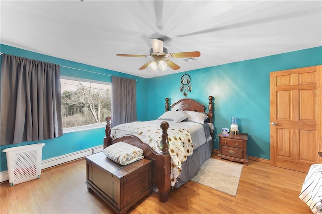 91 Meyerhoff Rd, Hurleyville, NY 12747 - bedroom featuring visible vents, baseboards, ceiling fan, baseboard heating, and light wood-style flooring