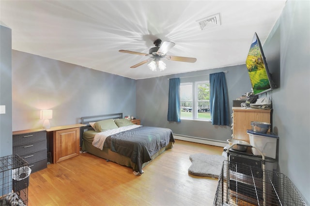 91 Meyerhoff Rd, Hurleyville, NY 12747 - bedroom with visible vents, ceiling fan, light wood-type flooring, and baseboard heating