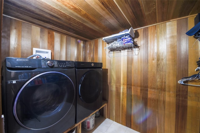91 Meyerhoff Rd, Hurleyville, NY 12747 - laundry area featuring laundry area, wood ceiling, independent washer and dryer, wood walls, and tile patterned flooring