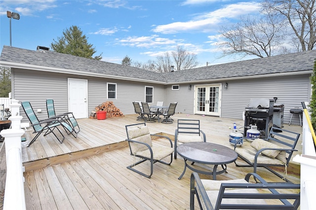 91 Meyerhoff Rd, Hurleyville, NY 12747 - wooden terrace with grilling area, french doors, and outdoor dining space