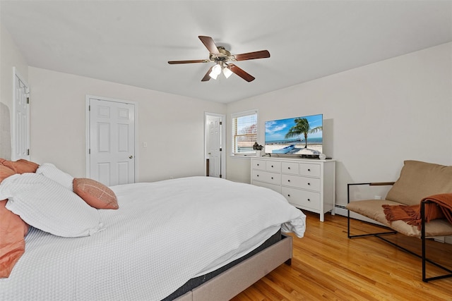 bedroom with a ceiling fan and light wood-type flooring